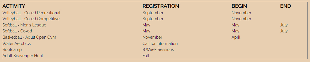 Adult Sports details
