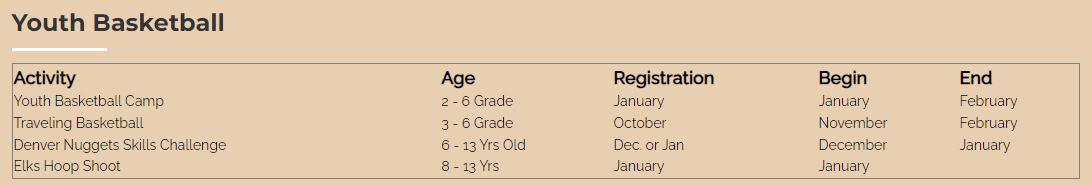 Youth Basketball details