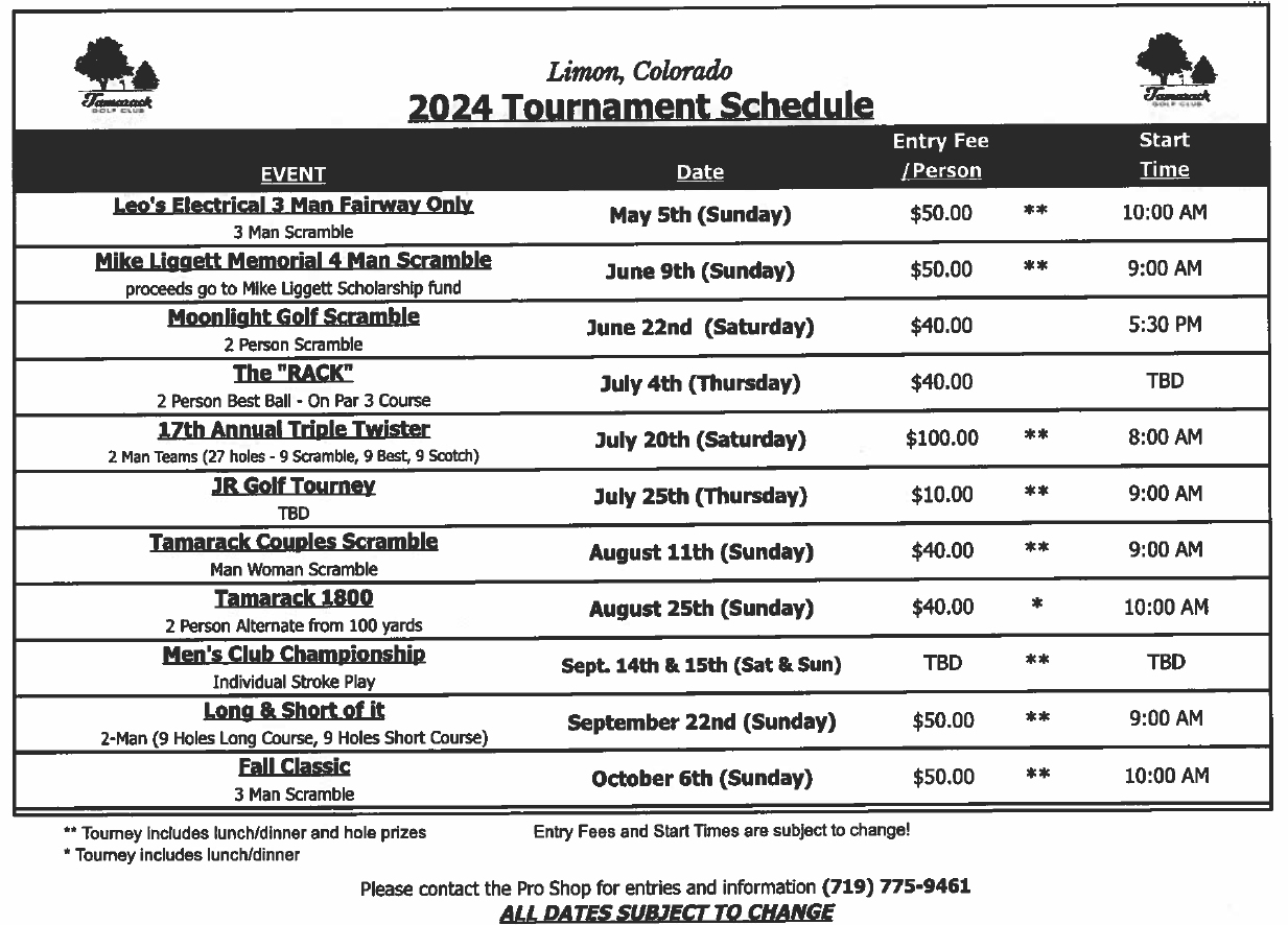 2023 Tamarack Golf Club Tournament Schedule